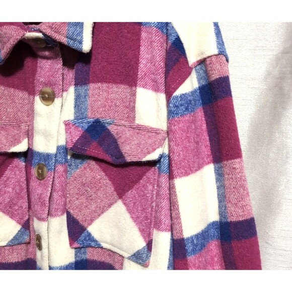 Women's Flannel Shacket Size XL Button Up Long Sleeve Warm Plaid Purple Pink - Picture 11 of 16